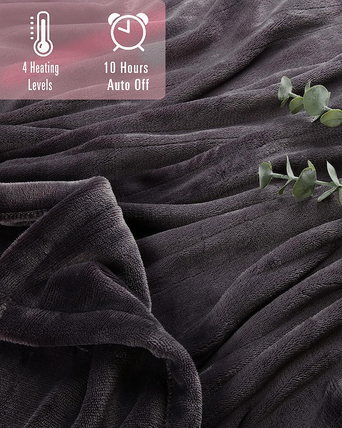 SUNNY HEAT Electric Heated Blanket Flannel 72" x 84" Full Size-4 Heating Settings & 10 Hours Auto Off, Cozy Machine Washable-Dark Grey