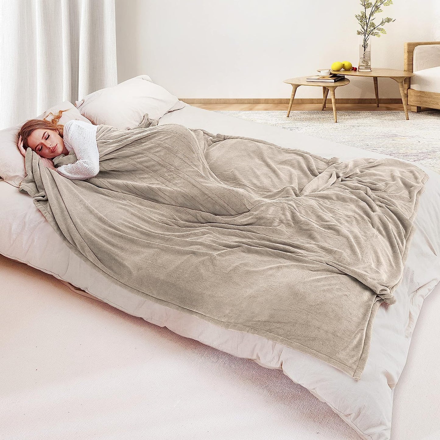 Heated Blanket 62x84'' Twin Size with 4 Heating Levels 10 Hours Auto-Off Electric Throw in Cozy Plush Fabric Reversible for Home Bedding Couch-Beige