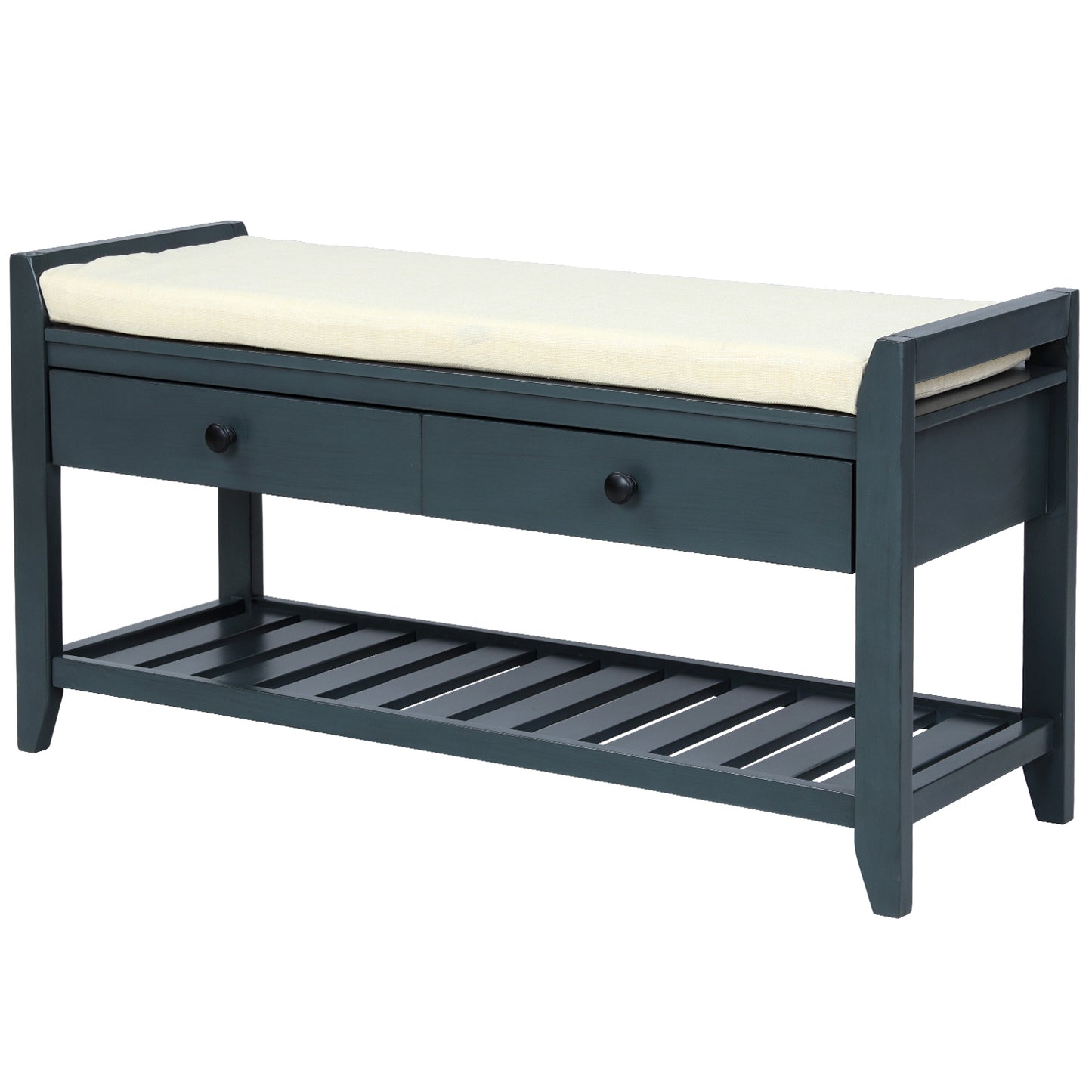 Shoe Rack with Cushioned Seat and Drawers, Multipurpose Entryway Storage Bench (Antique Navy)