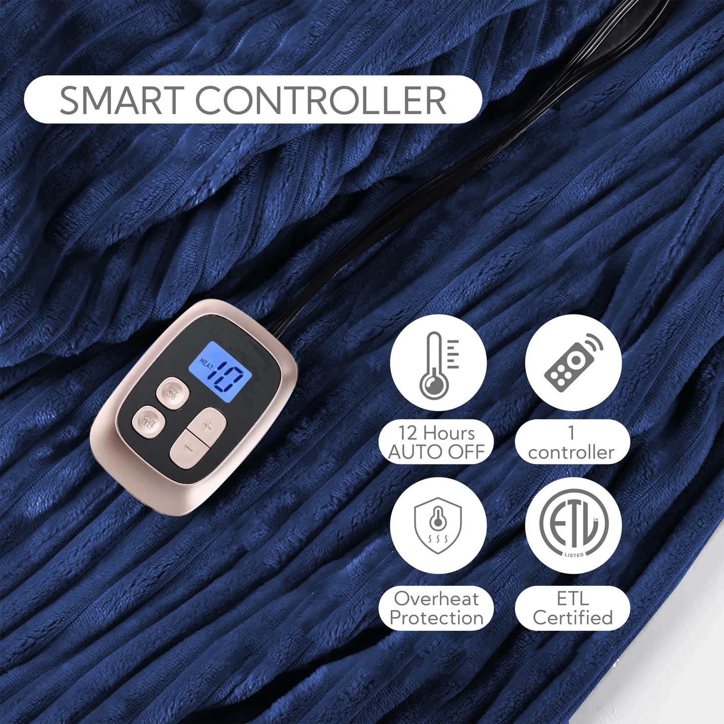 SUNNY HEAT Heated Electric Blanket Soft Flannel Full Size 72" x 84", Fast Heat, 10 Heating Settings & 12 Hours Auto Shut-off, Dark Blue