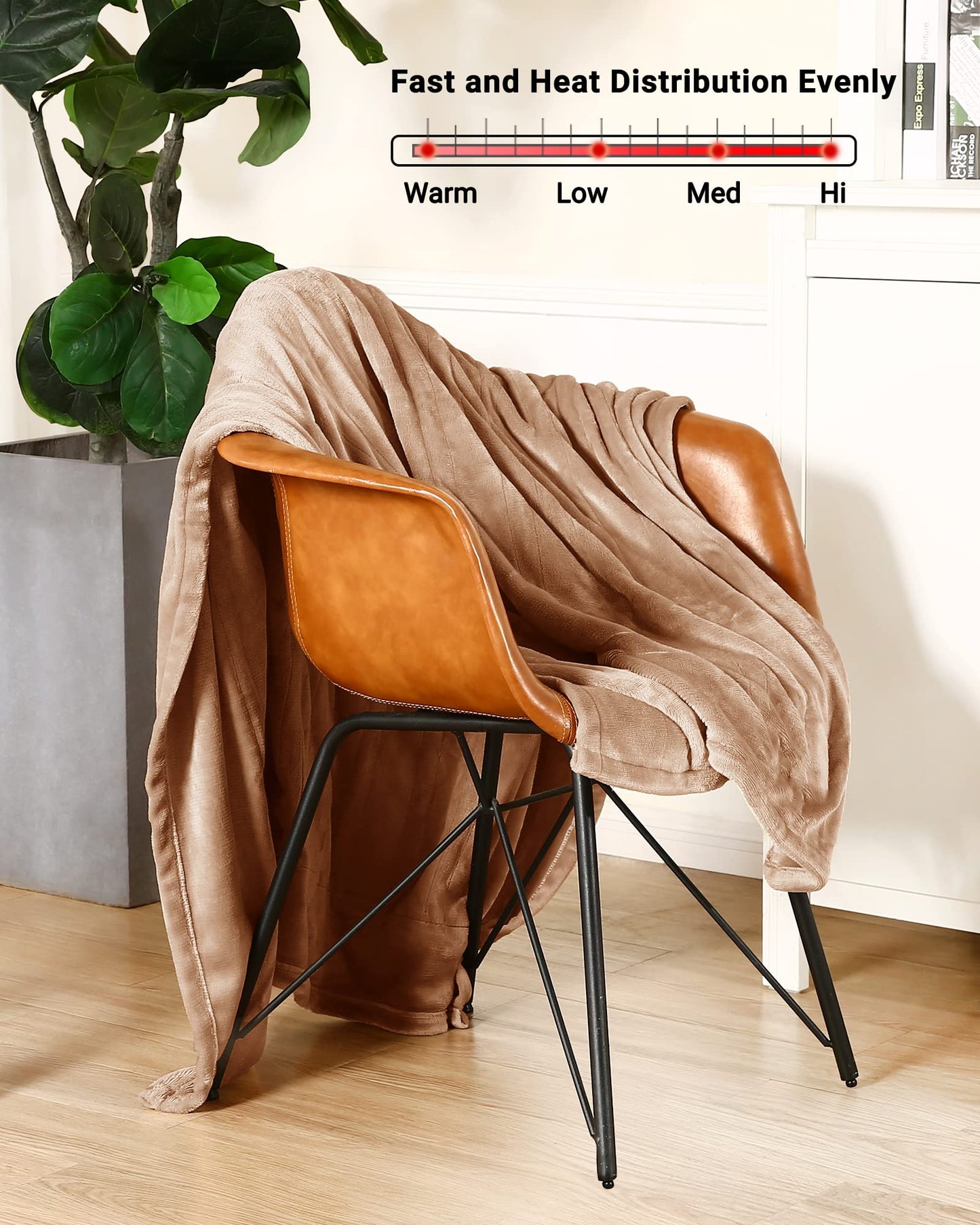 SUNNY HEAT Electric Heated Blanket Throw Flannel 50" x 60" Throw Size-4 Heating Settings & 10 Hours Auto off, Soft Machine Washable-Light Brown