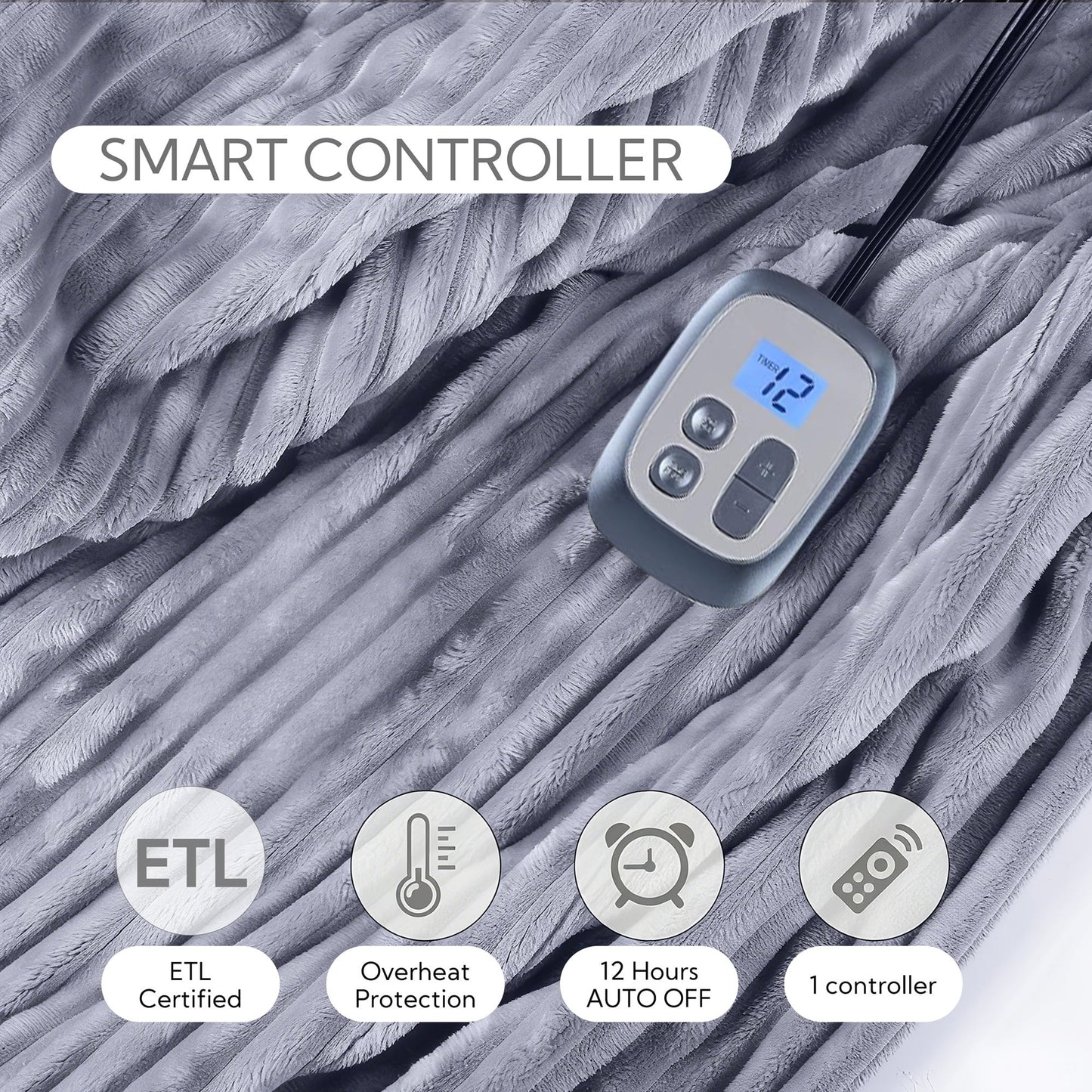 SUNNY HEAT Heated Electric Blanket Soft Flannel Full Size 72" x 84", Fast Heat, 10 Heating Settings & 12 Hours Auto Shut-off,Light Grey