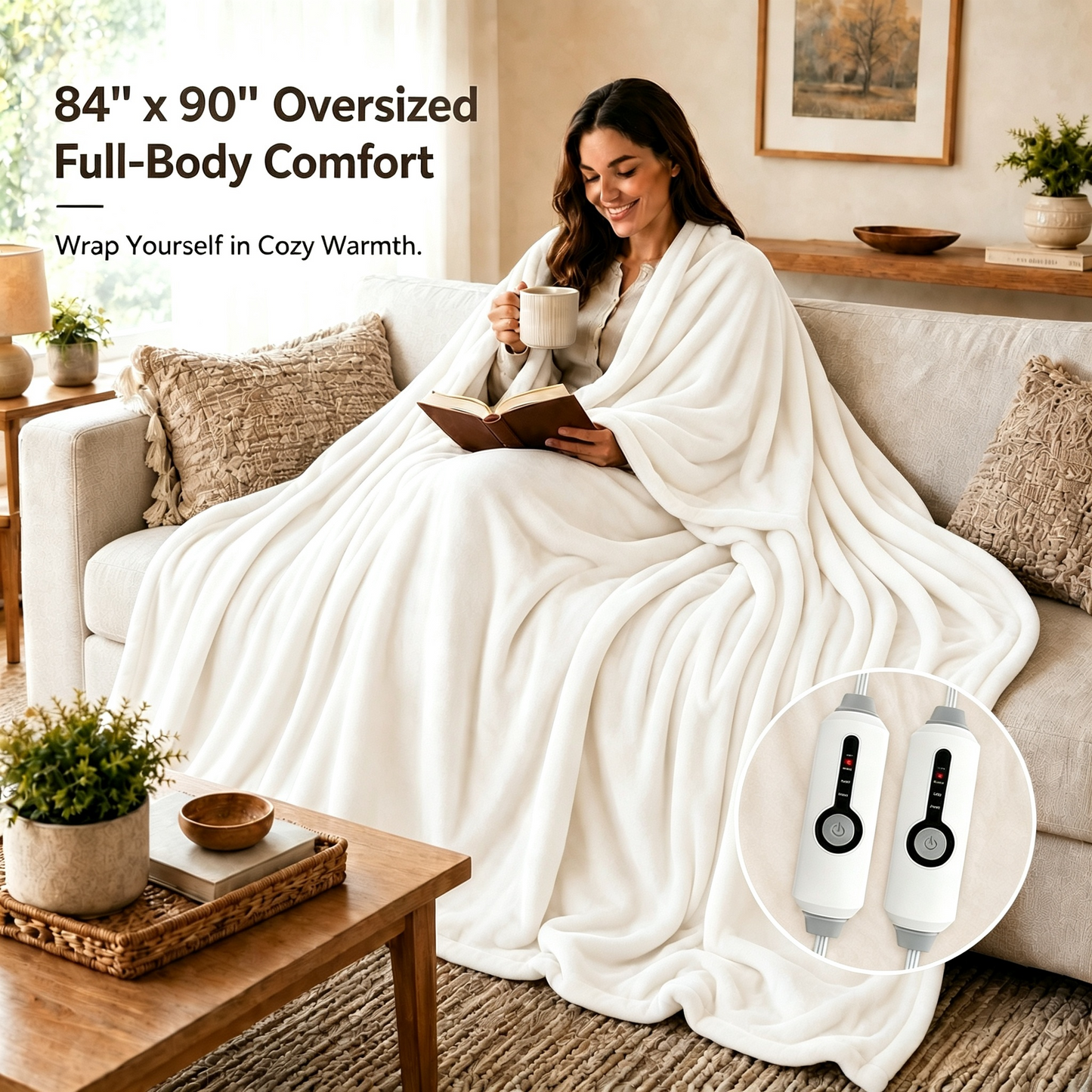SUNNY HEAT Electric Heated Blanket Flannel 84" x 90" Queen Size-4 Heating Settings & 10 Hours Auto Off, Cozy Machine Washable-White
