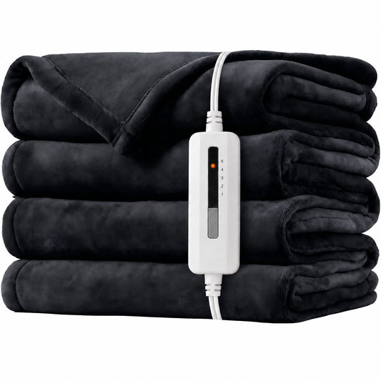SUNNY HEAT Electric Heated Blanket Throw Flannel 50" x 60" Throw Size-4 Heating Settings & 3 Hours Auto off, Soft Machine Washable-Dark Grey