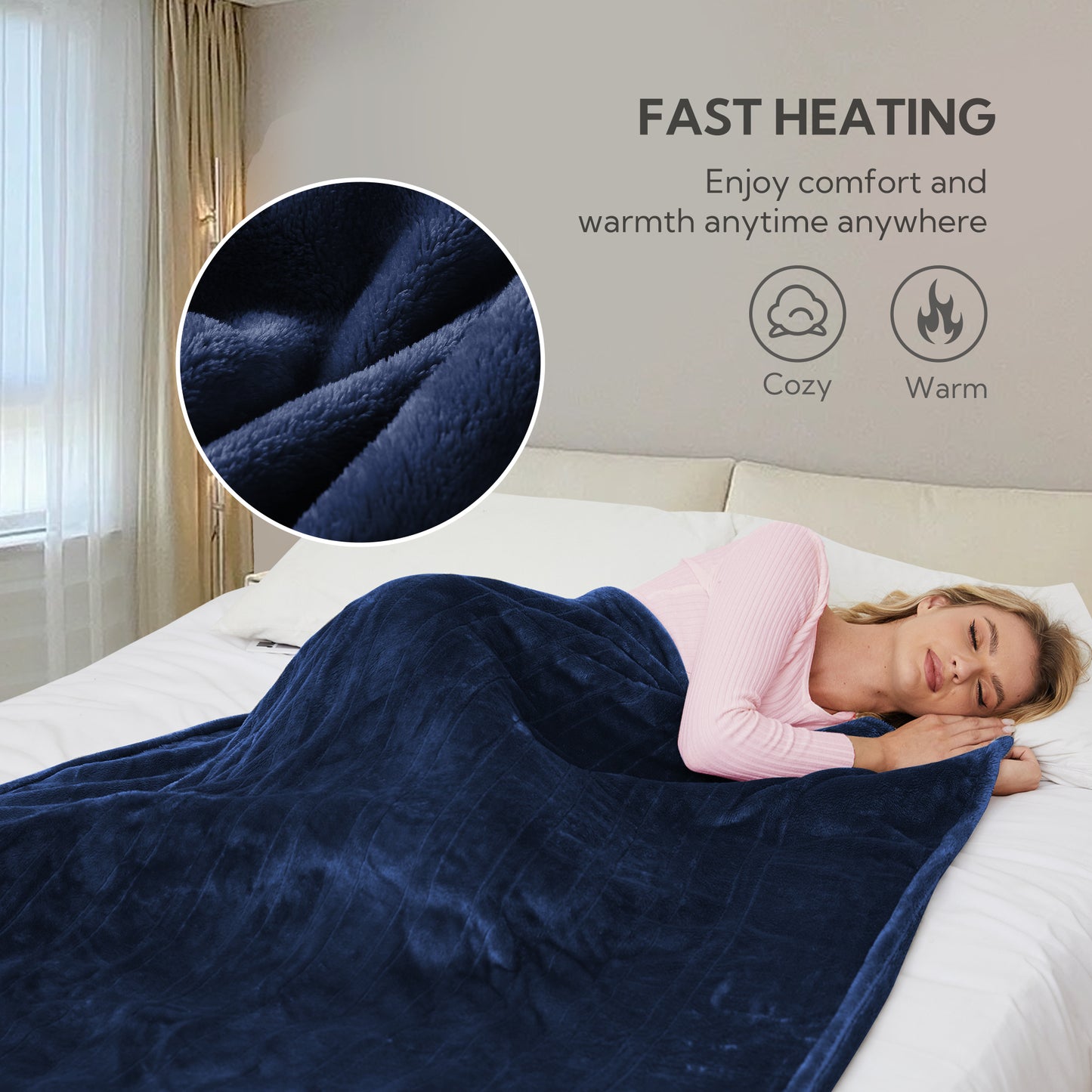 Electric Heated Blanket 50'' x 60'', Soft and Lightweight Plush Double-Sided Flannel Electric Blanket, Navy