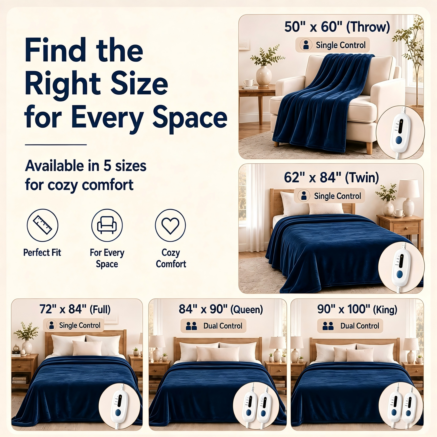 SUNNY HEAT Electric Blanket Heated Twin 62" x 84" -Fast Heating 4 Levels & 10H Auto off, Warm Soft Fannel Machine Washable, for Bed/Couch/Office, Dark Blue