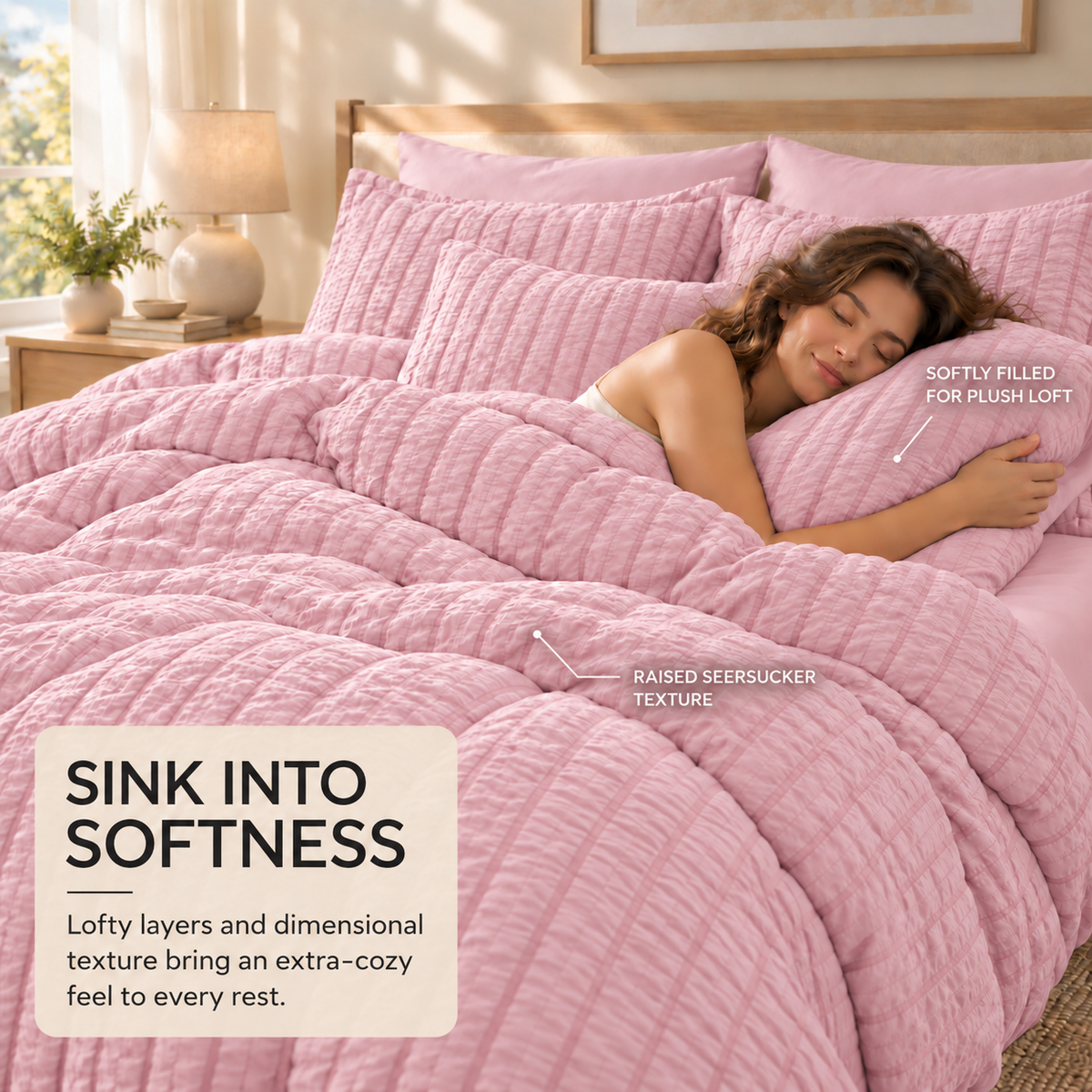 SUNNY HEAT Queen Size 8 Piece Seersucker Comforter Set, Soft Lightweight Bed in a Bag, Breathable All Season Bedding with Sheets, Pillowcases & Shams, Pink