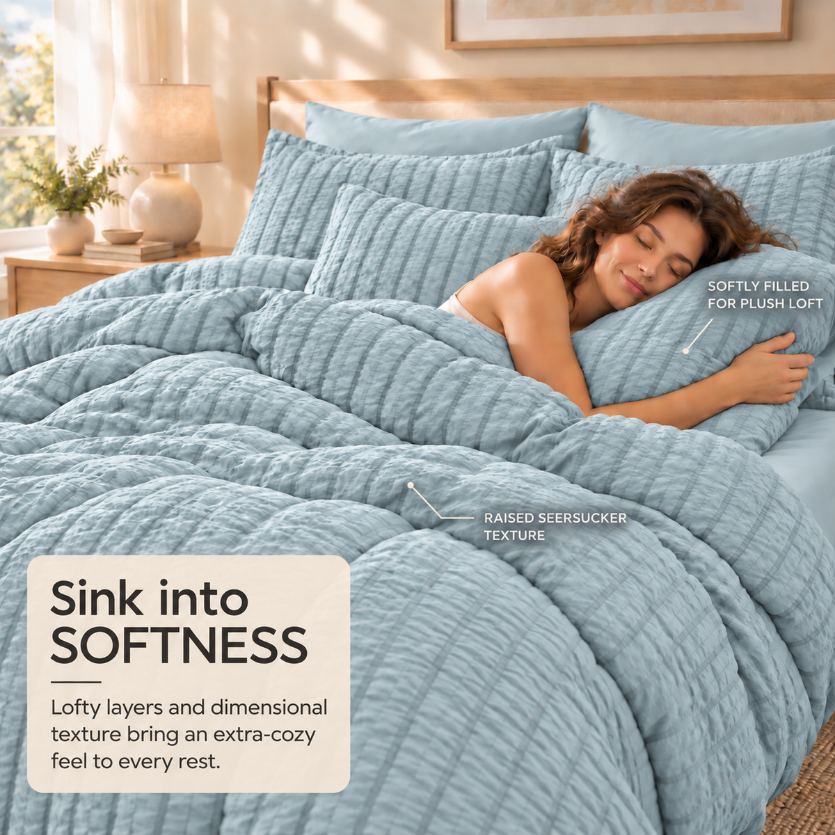 SUNNY HEAT Queen Size 8 Piece Seersucker Comforter Set, Soft Lightweight Bed in a Bag, Breathable All Season Bedding with Sheets, Pillowcases & Shams,Light Blue