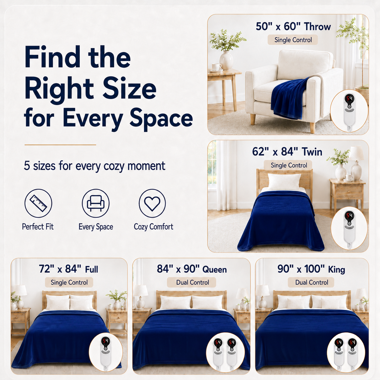 SUNNY HEAT Electric Blanket Heated Twin 62" x 84" -Fast Heating 9 Levels & 10H Auto off, Warm Soft Fannel Machine Washable, for Bed/Couch/Office, Navy Blue