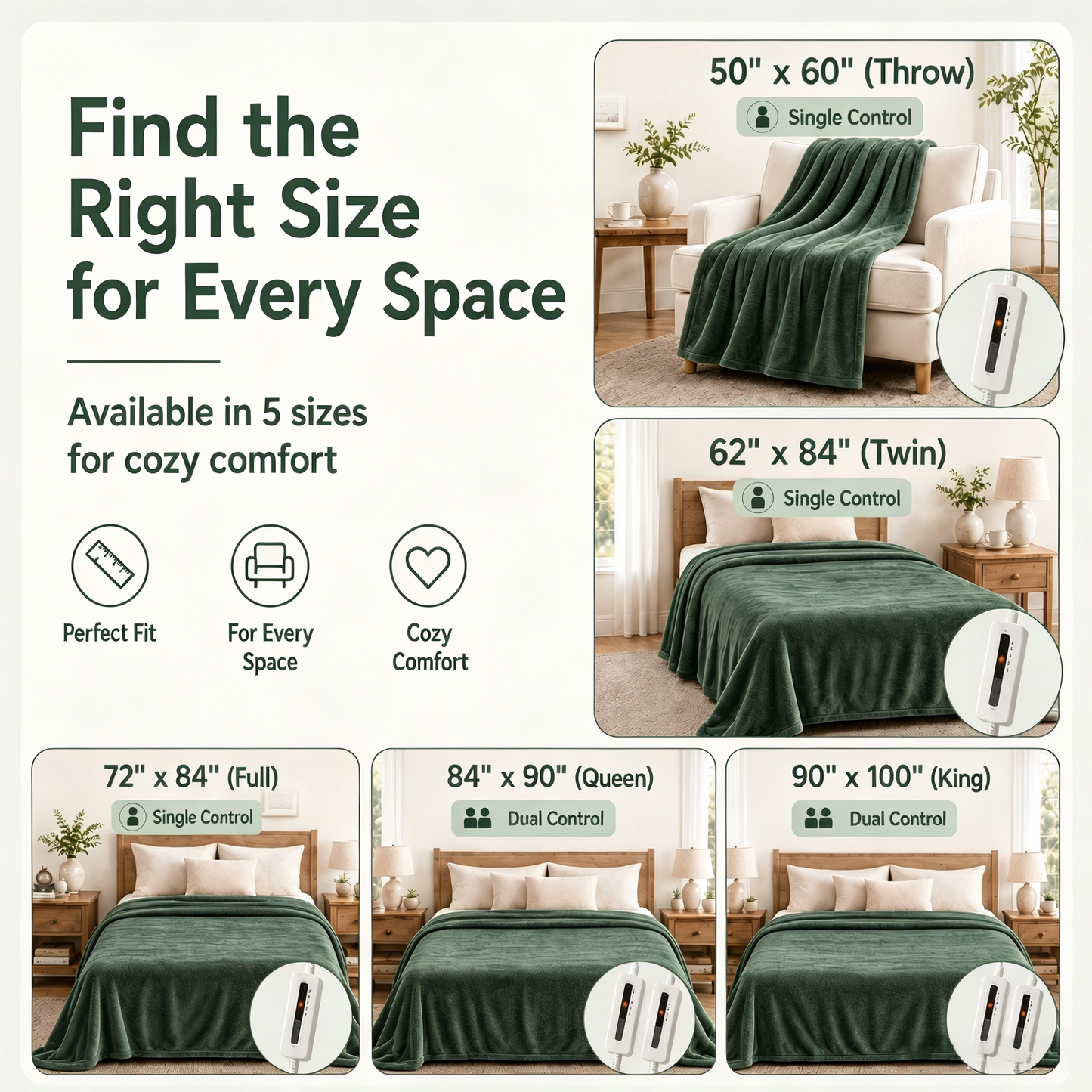 SUNNY HEAT Electric Blanket Heated Twin 62" x 84" -Fast Heating 5 Levels & 10H Auto off, Warm Soft Fannel Machine Washable, for Bed/Couch/Office, Pine Green