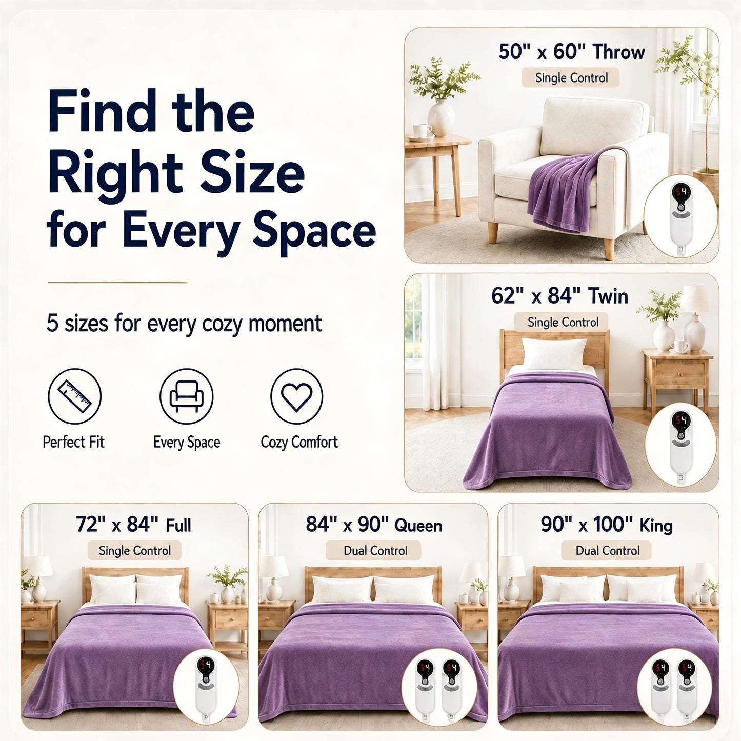 SUNNY HEAT Electric Blanket Heated Twin 62" x 84" -Fast Heating 9 Levels & 10H Auto off, Warm Soft Fannel Machine Washable, for Bed/Couch/Office, Dark Purple