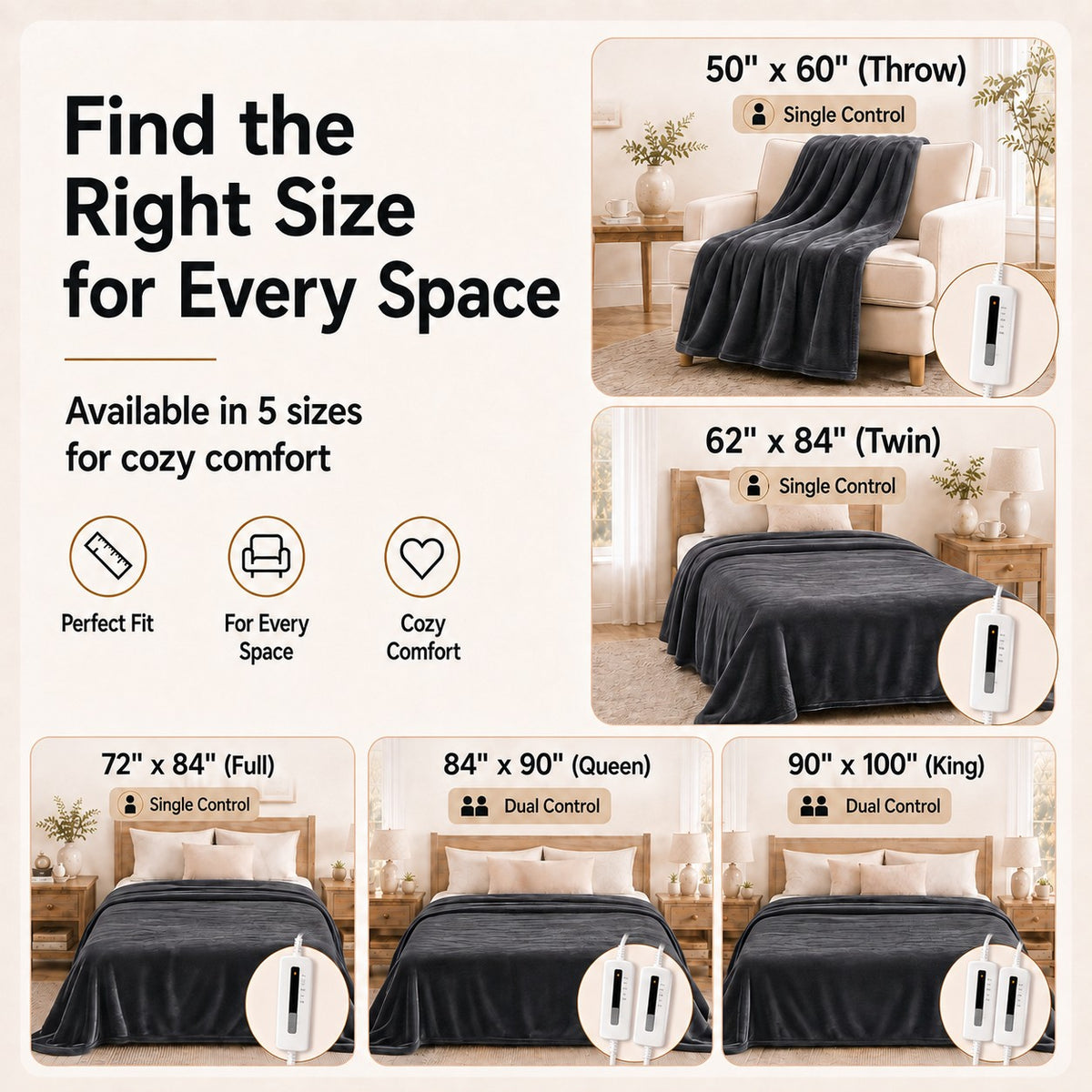 SUNNY HEAT Electric Blanket Heated Queen 84" x 90" -Fast Heating 5 Levels & 10H Auto off, Warm Soft Fannel Machine Washable, for Bed/Couch/Office, Dark Grey