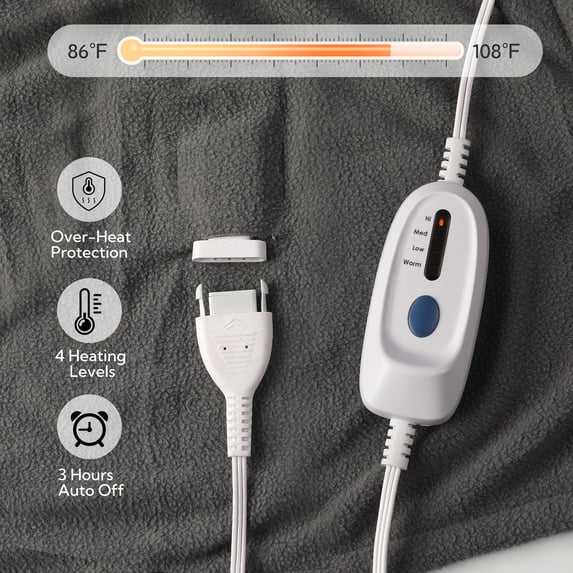 SUNNY HEAT Electric Heated Blanket Throw Size 50" x 60" Soft Flannel with 4 Levels Heating & 3 Hs Auto off, Machine Washable, Grey