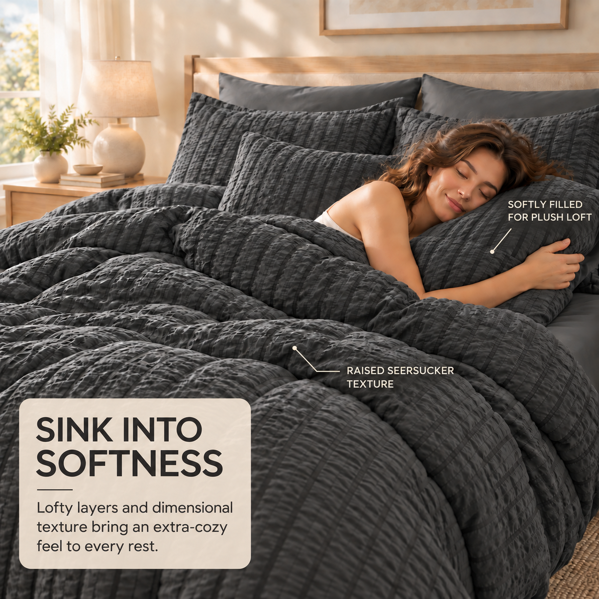 SUNNY HEAT Queen Size 8 Piece Seersucker Comforter Set, Soft Lightweight Bed in a Bag, Breathable All Season Bedding with Sheets, Pillowcases & Shams, Dark Grey