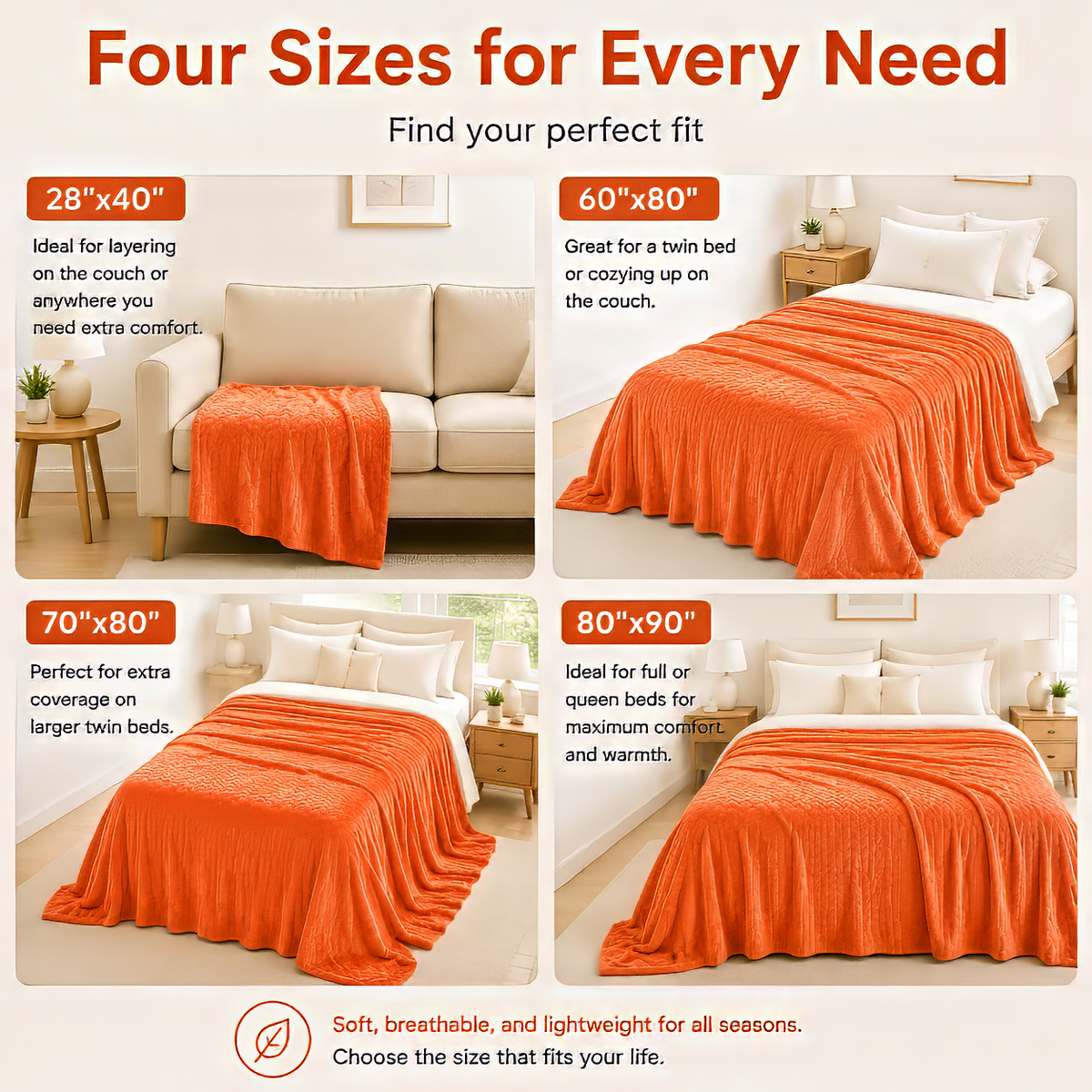 SUNNY HEAT Bed Blanket 70×80 Inches, Breathable and Cozy Microplush for Bed Sofa Couch, Summer Lightweight All-Season, Orange