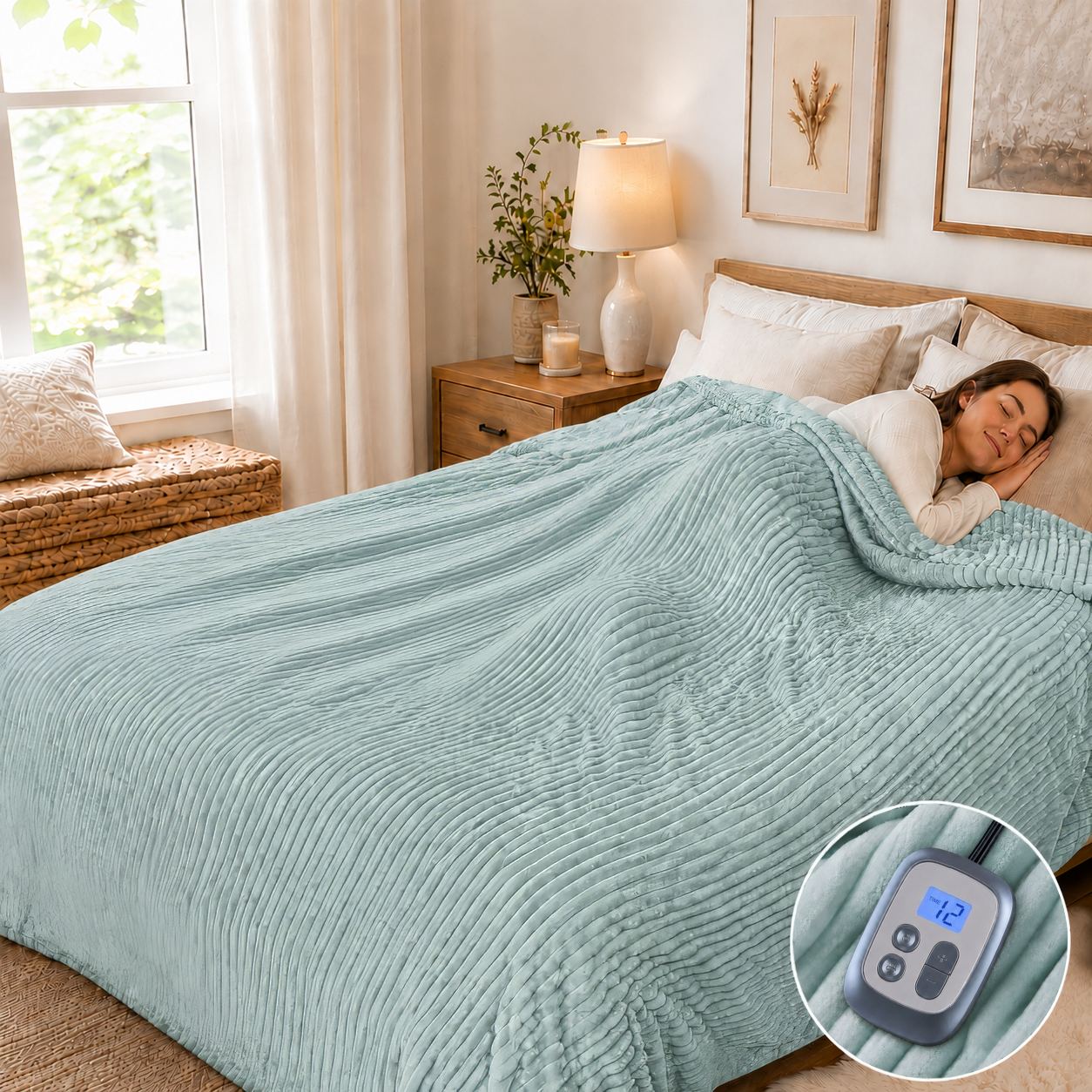 Heated Electric Blanket Ribbed Flannel 72"x84" Full Size - 10 Heating Settings & 12 Hours Auto off, Thick and Warm Washable - Mint Green