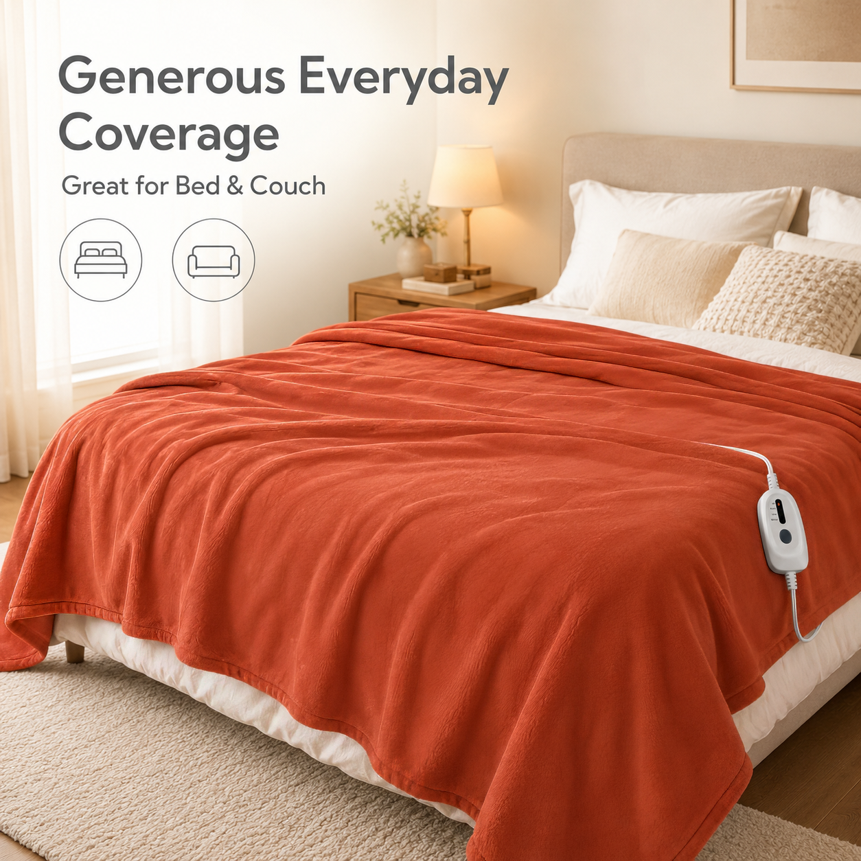 Electric Heated Blanket 72'' x 84'' Full Size Polar Fleece – Machine Washable, Fast Heating & Overheat Protection, Multi-Scenario Use, Orange