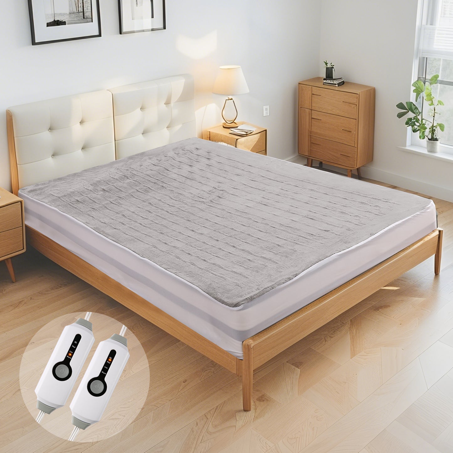 SUNNY HEAT Electric Mattress Pad King Size with Dual Control 4 Temperature 10H Auto-off, Coral Fleece, Light Grey