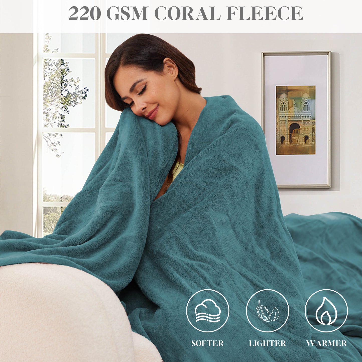 Electric Heated Throw Blanket Coral Fleece 50" x 60" Throw Size-4 Heating Settings & 3 Hours Auto off, Plush Fabric Fast Machine Washablefor-Teal