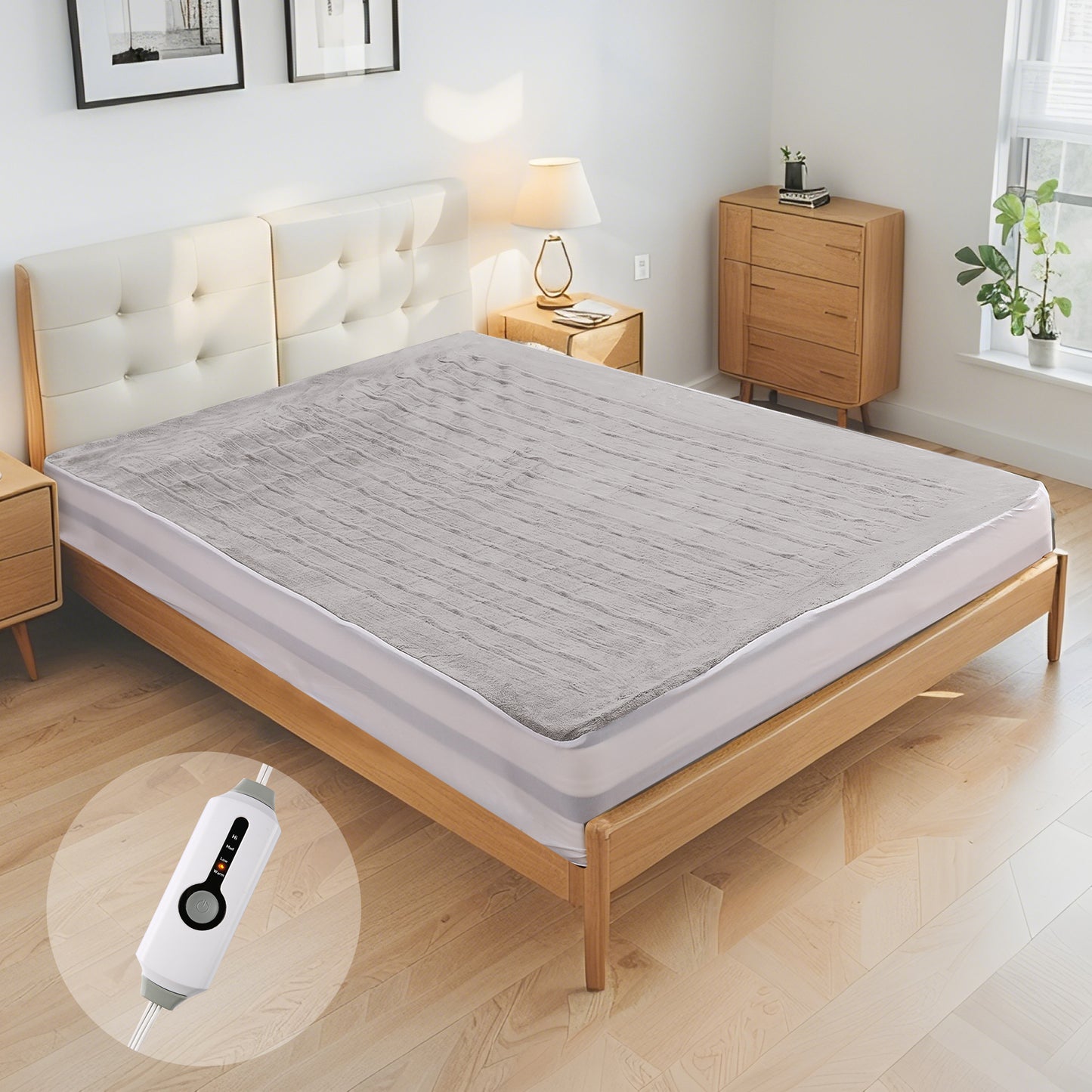 SUNNY HEAT Electric Mattress Pad Full Size with 4 Temperature 10H Auto-off, Coral Fleece, Light Grey
