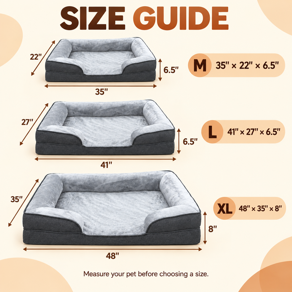 SUNNY HEAT Dog Bed for Small Medium Dogs,Soft Flannel Pet Couch Bed with Egg Crate Foam Cushion, Durable Oxford Fabric Puppy Sleeping Bed, with Bolster Sides,Gray