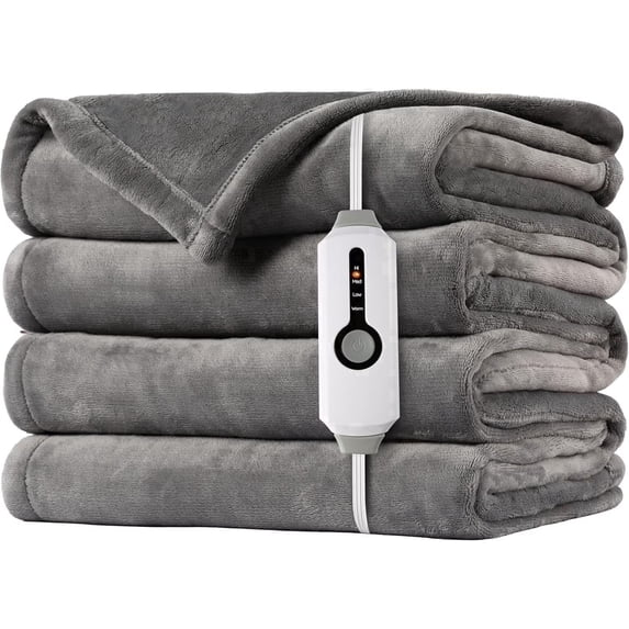 SUNNY HEAT Electric Heated Blanket Flannel 62" x 84" Twin Size-4 Heating Settings & 10 Hours Auto off ETL Certification, Soft Machine Washable-Light Grey