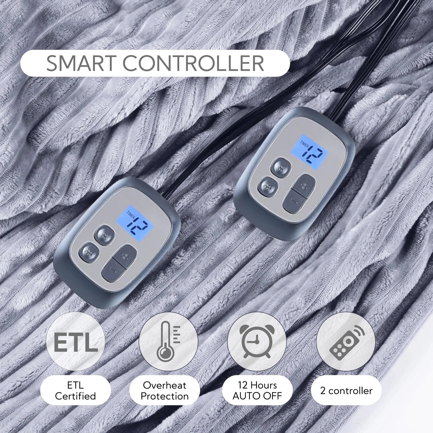 SUNNY HEAT Heated Electric Blanket Ribbed Flannel 84"x90" Queen Size - 10 Heating Settings & 2/4/6/8/10/12 Hours Auto off, Quick Heating Washable - Light Grey