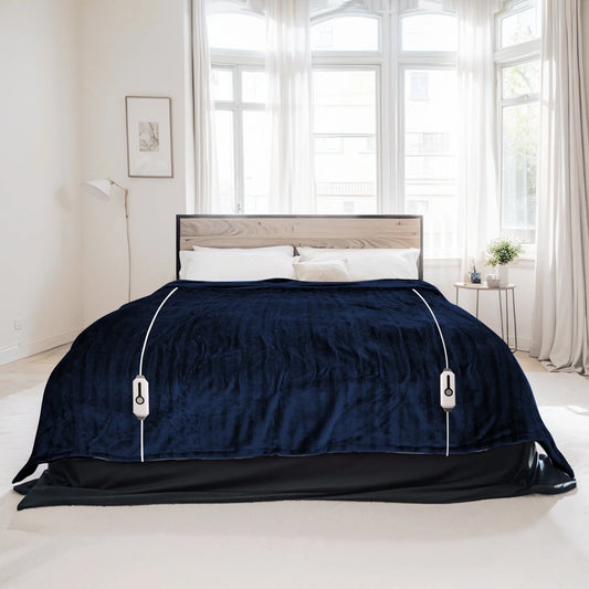 Electric Heated Blanket 84'' x 90'' Queen Size Flannel Machine Washable, Warm and Cozy all Night, Dual Control-Dark Blue