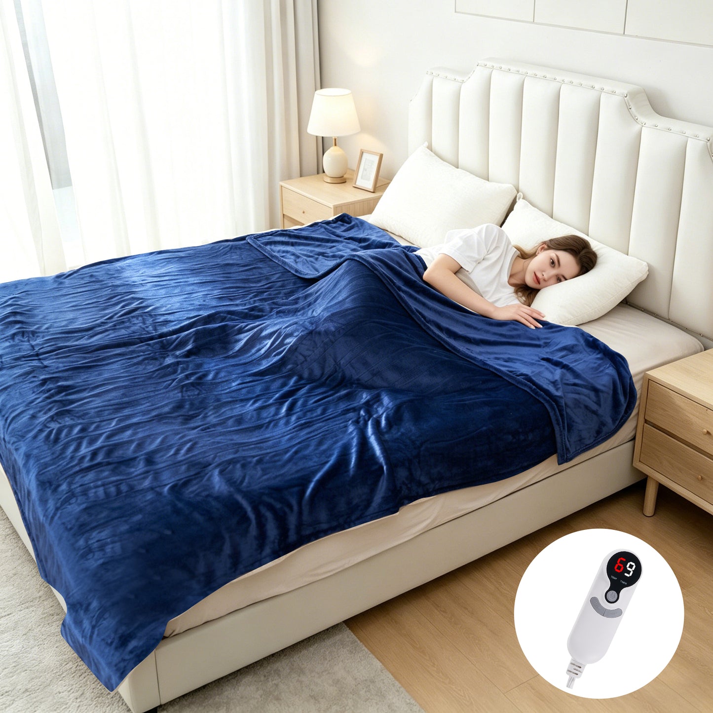 SUNNY HEAT Electric Heated Blanket Full Size 72" x 84" Soft Flannel with 9 Levels Heating & 10Hs Auto off, Machine Washable, Navy Blue
