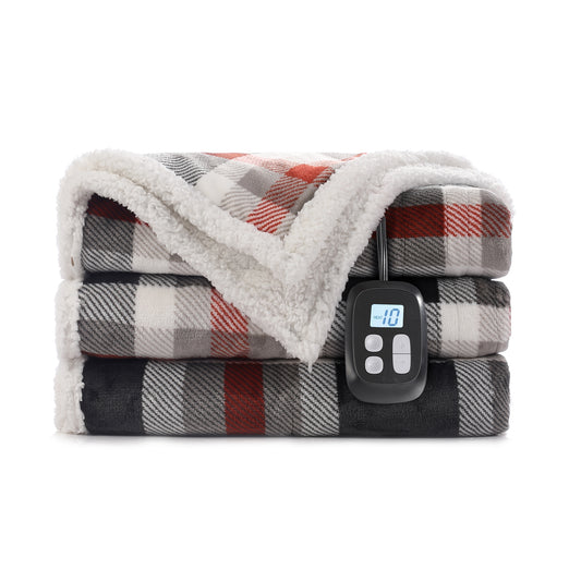 SUNNY HEAT Electric Heated Blanket 72"x84" Full Size, 10 Heating Levels & 12 H Auto Shut Off, Cotton & Microplush Plaid, Gray & Red & White