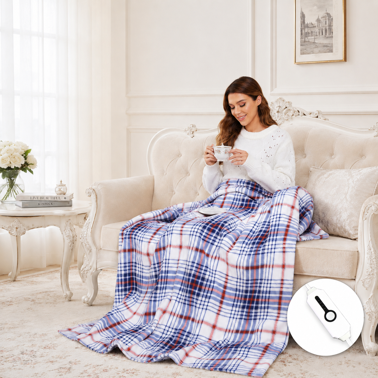 SUNNY HEAT Electric Heated Blanket 50" x 60" Throw Size-4 Heating Settings & 3 Hours Auto off, Microplush Machine Washable-Navy White Red