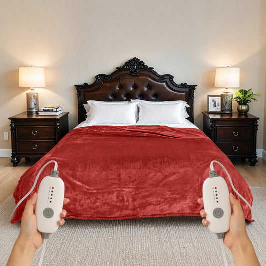 SUNNY HEAT Electric Heated Blanket Queen Size 84" x 90" Soft Flannel with 5 Levels Heating & 10Hs Auto off, Dual Controllers, Dual Zone Temperature Control, Brick Red