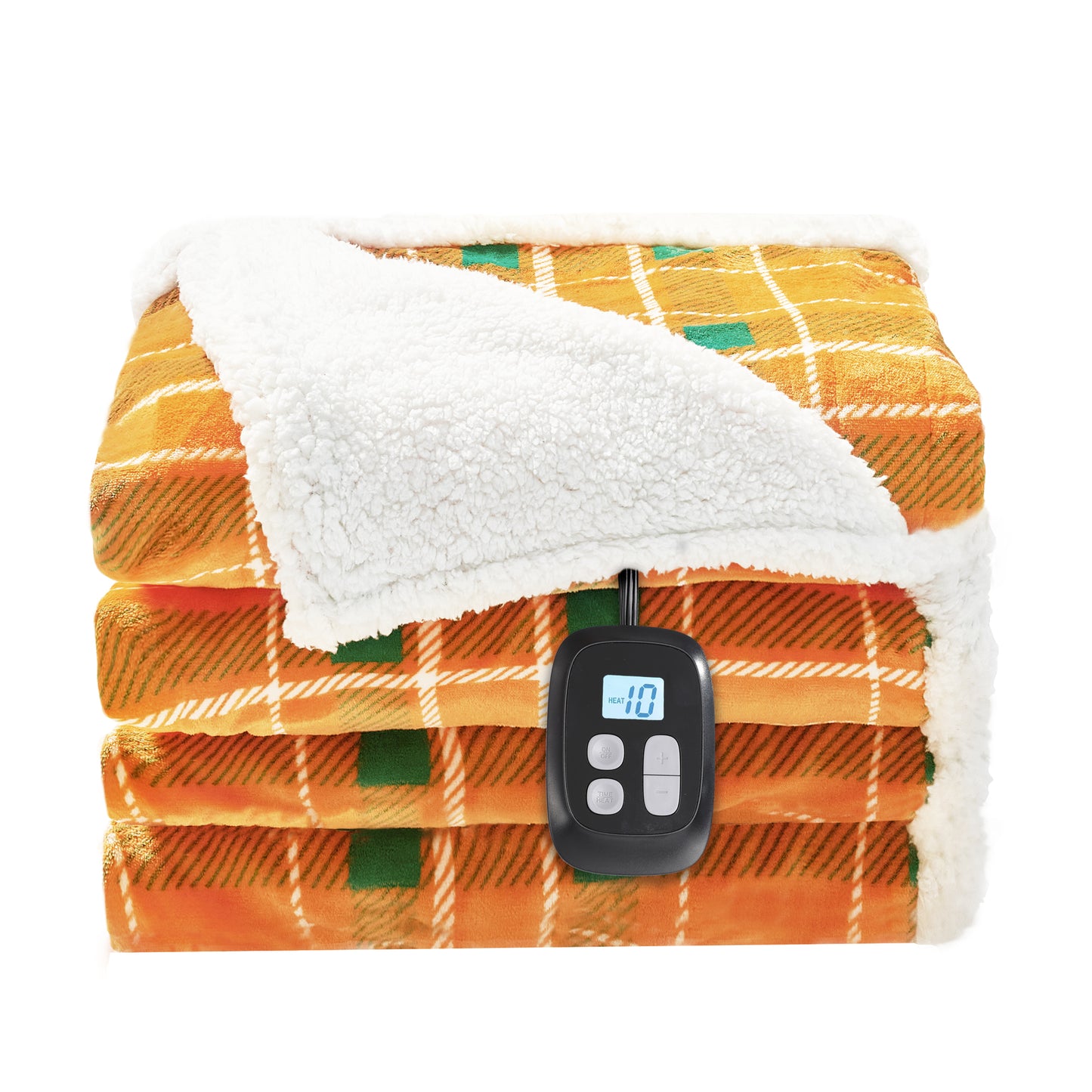 SUNNY HEAT Electric Heated Blanket 72"x84" Full Size, 10 Heating Levels & 12 H Auto Shut Off, Cotton & Microplush Plaid, Orange