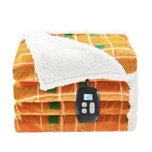 SUNNY HEAT Electric Heated Blanket 72"x84" Full Size, 10 Heating Levels & 12 H Auto Shut Off, Cotton & Microplush Plaid, Orange