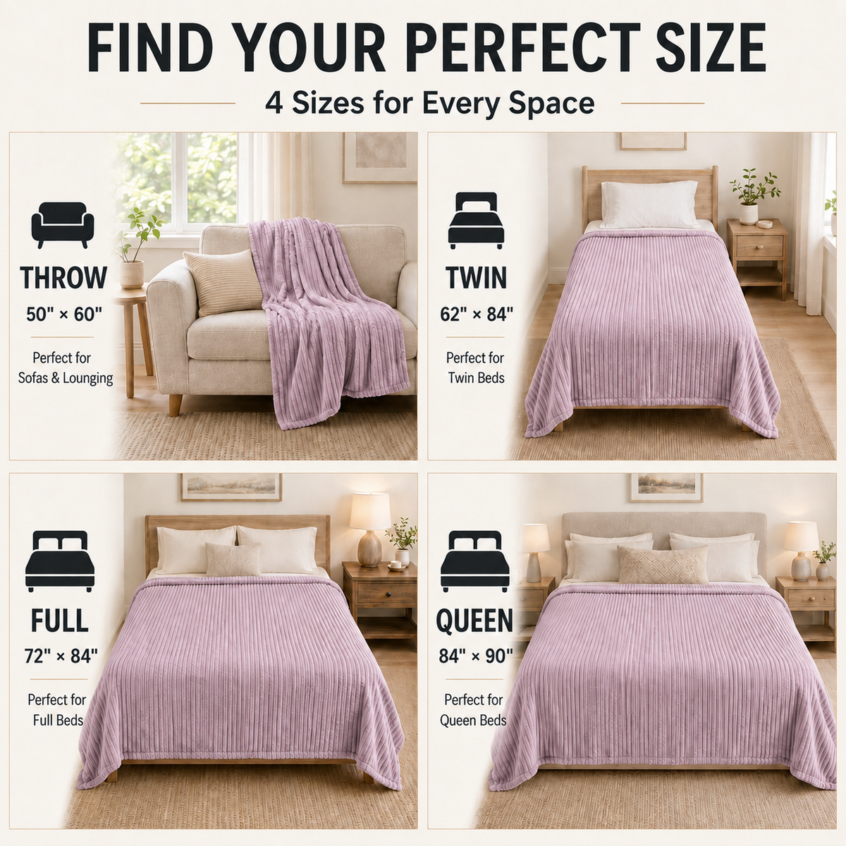 Heated Electric Blanket Ribbed Flannel 72"x84" Full Size - 10 Heating Settings & 12 Hours Auto off, Thick and Warm Washable - Purple