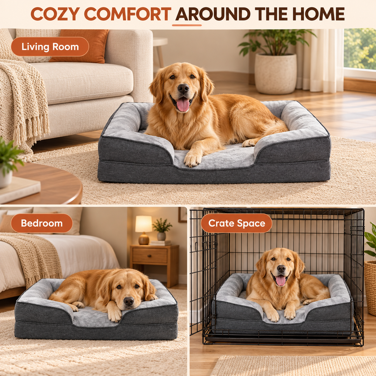 SUNNY HEAT Orthopedic Dog Bed for large Dogs, in Egg Crate Foam Pet Bed with Soft Flannel Surface, Durable Oxford Fabric Puppy Bed,  Dog Couch Bed,with Bolster Sides, Non-Skid, Gray