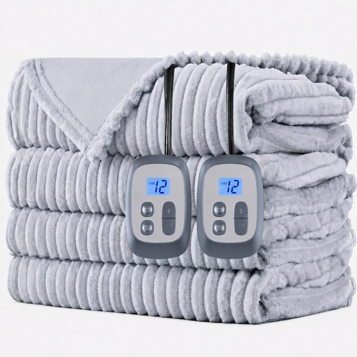 SUNNY HEAT Heated Electric Blanket Ribbed Flannel 84"x90" Queen Size - 10 Heating Settings & 2/4/6/8/10/12 Hours Auto off, Quick Heating Washable - Light Grey
