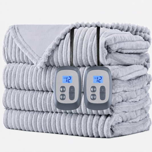 SUNNY HEAT Heated Electric Blanket Ribbed Flannel 84"x90" Queen Size - 10 Heating Settings & 2/4/6/8/10/12 Hours Auto off, Quick Heating Washable - Light Grey