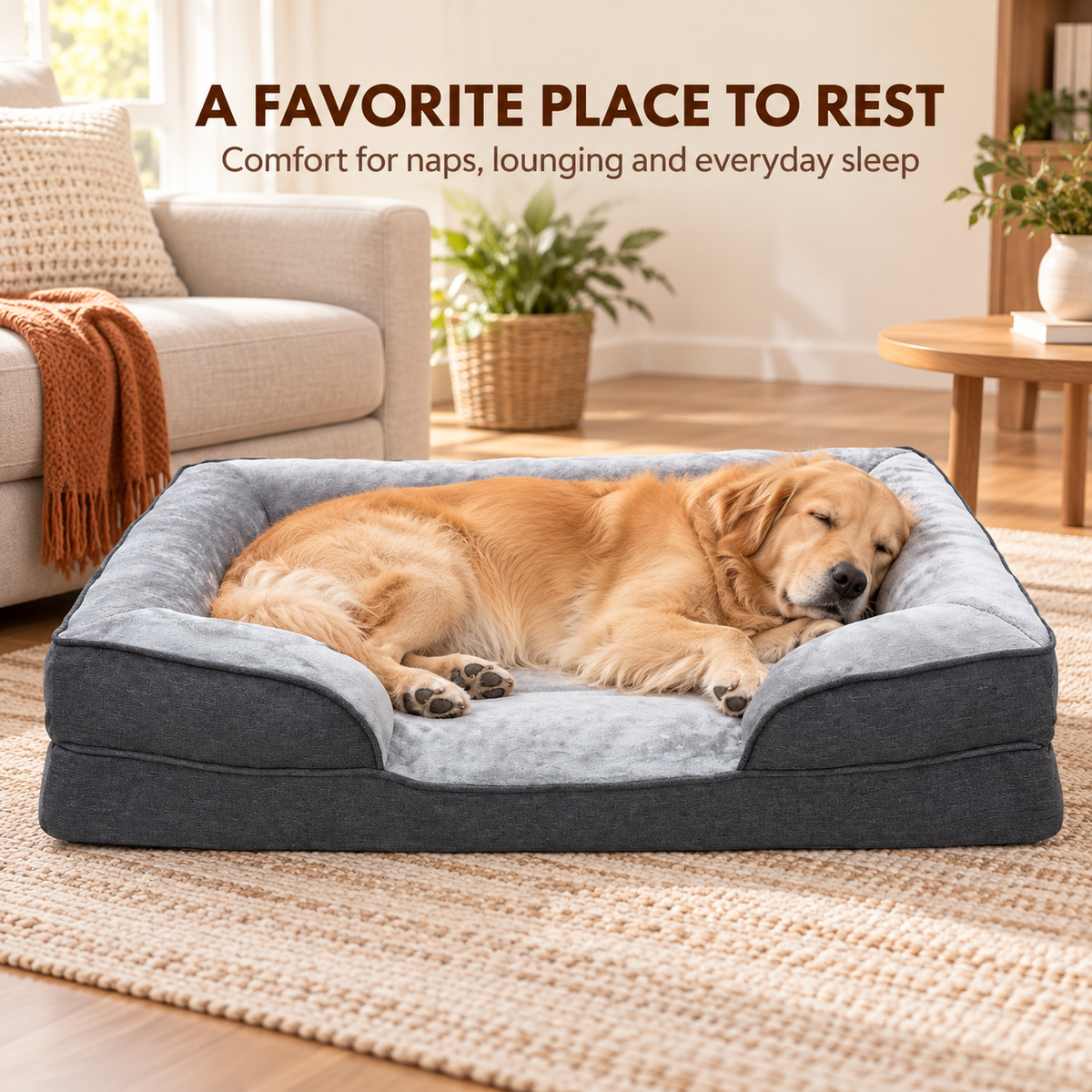 SUNNY HEAT Dog Bed for Small Medium Dogs,Soft Flannel Pet Couch Bed with Egg Crate Foam Cushion, Durable Oxford Fabric Puppy Sleeping Bed, with Bolster Sides,Gray