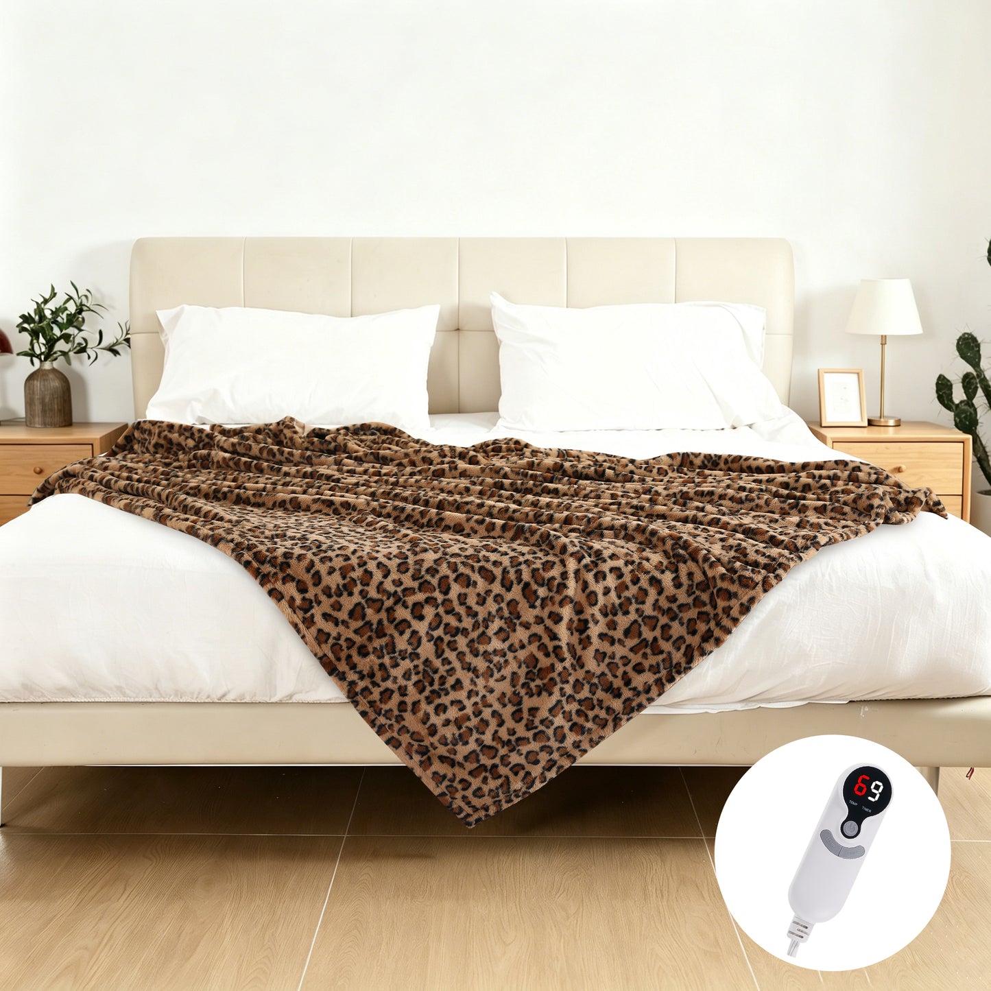 SUNNY HEAT Electric Heated Blanket Full Size 72"x 84" Soft Flannel with 9 Levels Heating & 10Hs Auto off, Machine Washable, Classic Leopard Print