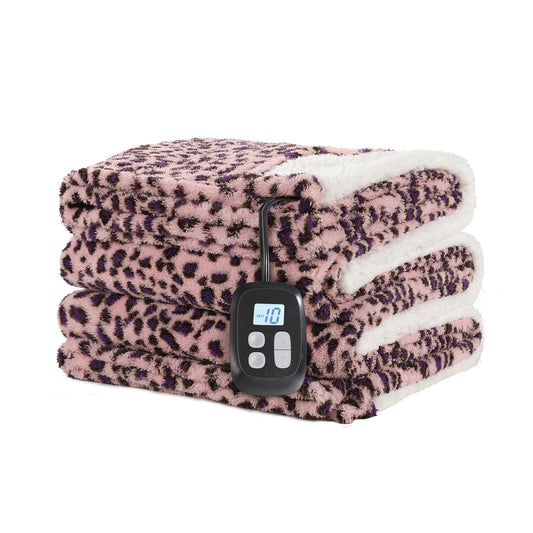 SUNNY HEAT Heated Electric Blanket Full Size 72'' x 84'' 6 Heating Levels & 1-10 Hours Auto Off , Leopard Pink & Purple