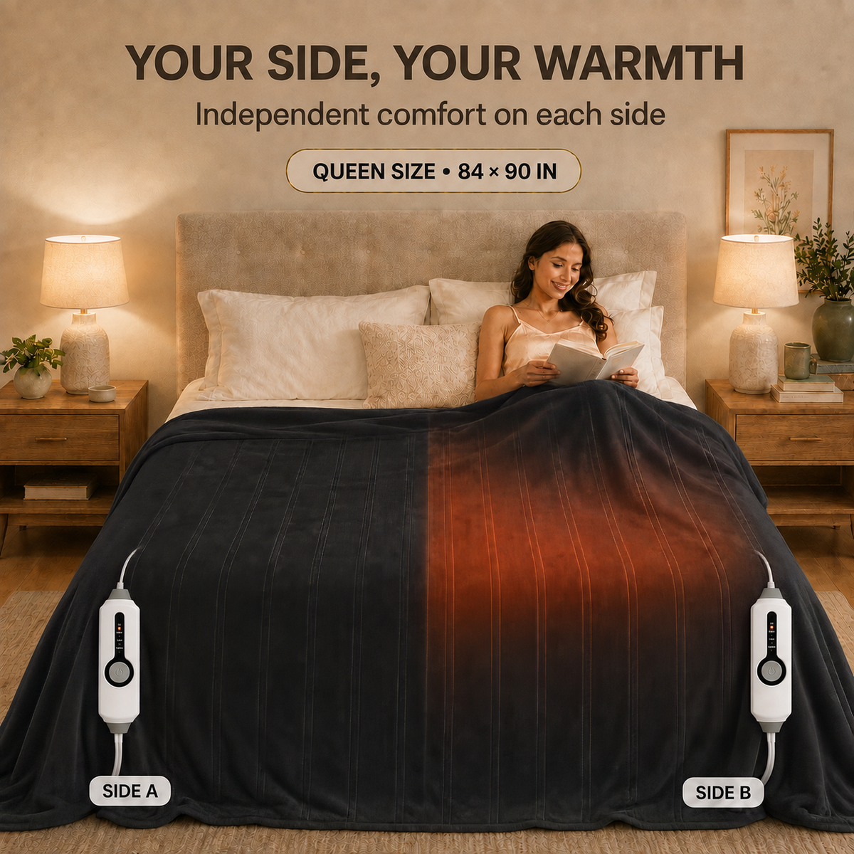 SUNNY HEAT Electric Heated Blanket - Queen 84"x90" Machine Washable Dual Control 10H Auto-Off , Dark Gray
