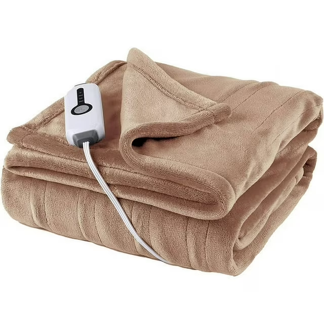 SUNNY HEAT Electric Heated Blanket Throw Flannel 50" x 60" Throw Size-4 Heating Settings & 10 Hours Auto off, Soft Machine Washable-Light Brown
