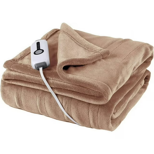 SUNNY HEAT Electric Heated Blanket Throw Flannel 50" x 60" Throw Size-4 Heating Settings & 10 Hours Auto off, Soft Machine Washable-Light Brown