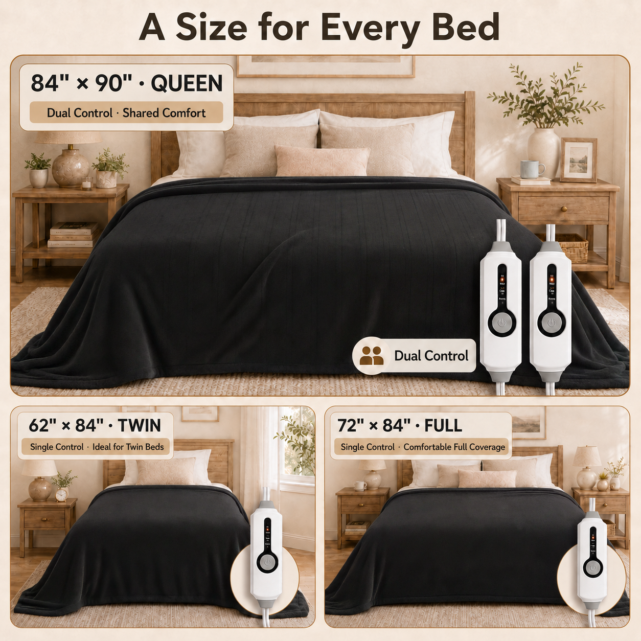 SUNNY HEAT Electric Heated Blanket - Queen 84"x90" Machine Washable Dual Control 10H Auto-Off , Dark Gray