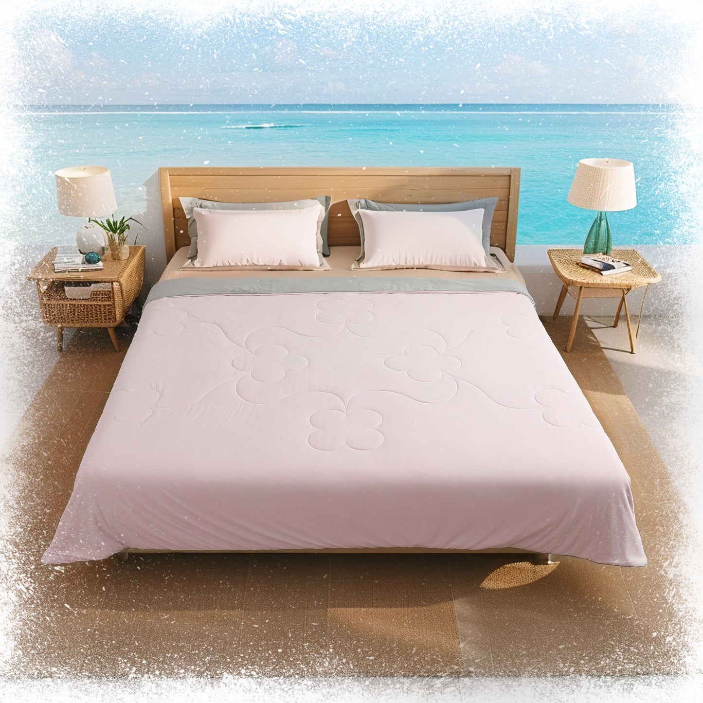 SUNNY HEAT Cooling Summer Comforter Queen Size 90"x90", Cooling Blanket for Hot Sleepers, Lightweight Breathable Double-Sided Quilt, Pink & Gray