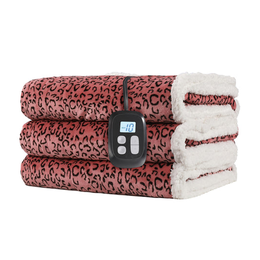 SUNNY HEAT Heated Electric Blanket Full Size 72'' x 84'' 6 Heating Levels & 1-10 Hours Auto Off , Leopard Black & Red