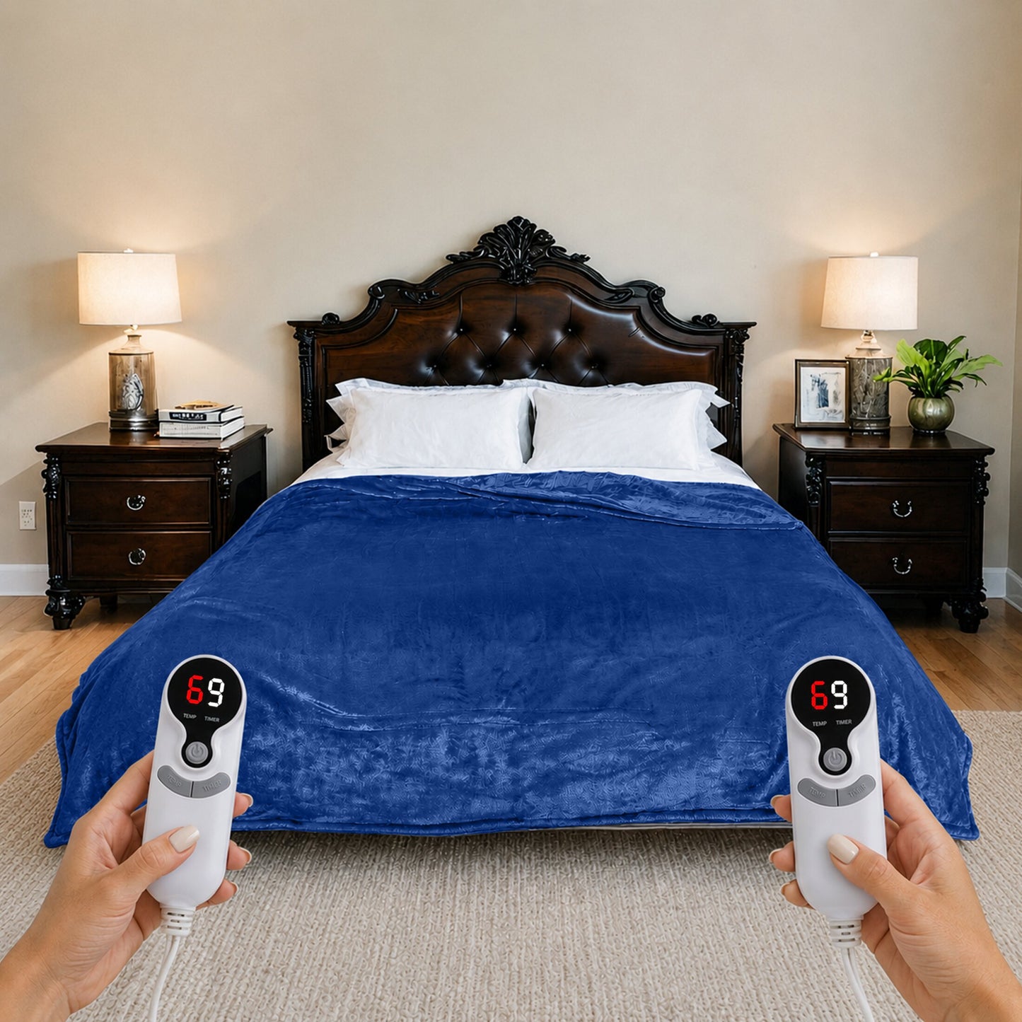 SUNNY HEAT Electric Heated Blanket Queen Size 84" x 90" Soft Flannel with 9 Levels Heating & 10Hs Auto off, Dual Controllers, Machine Washable, Navy Blue