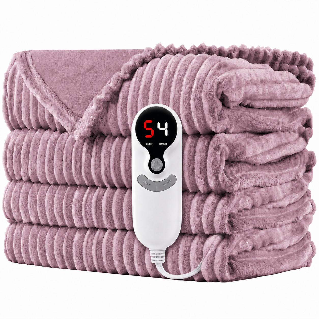 SUNNY HEAT Heated Electric Blanket Ribbed Flannel 62"x84" Twin Size - 9 Heating Levels & 1-10 Hours Auto Off - Dusty Pink