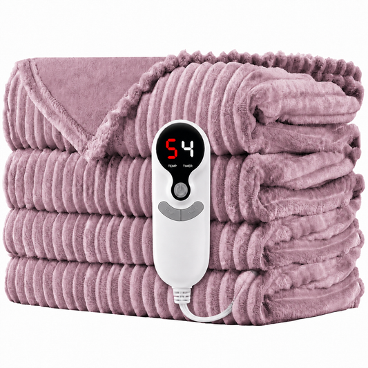 SUNNY HEAT Heated Electric Blanket Ribbed Flannel 62"x84" Twin Size - 9 Heating Levels & 1-10 Hours Auto Off - Dusty Pink